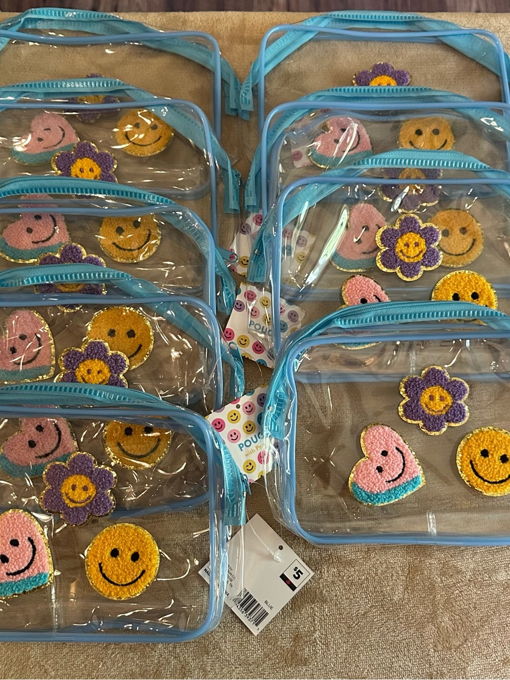 Clear Kids Cosmetic Bag with Blue Trim and Happy Emoji Patches SET OF 9
